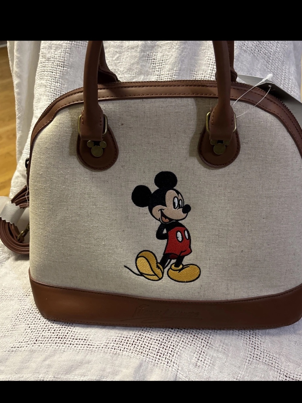 Disney Mickey Mouse Canvas Satchel Bag Adult Handbag Purse Beige/Brown Vtg Look